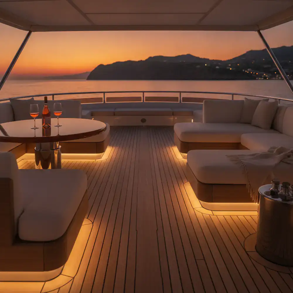 Dettaglio del ponte di uno yacht di lusso al tramonto in Sicilia