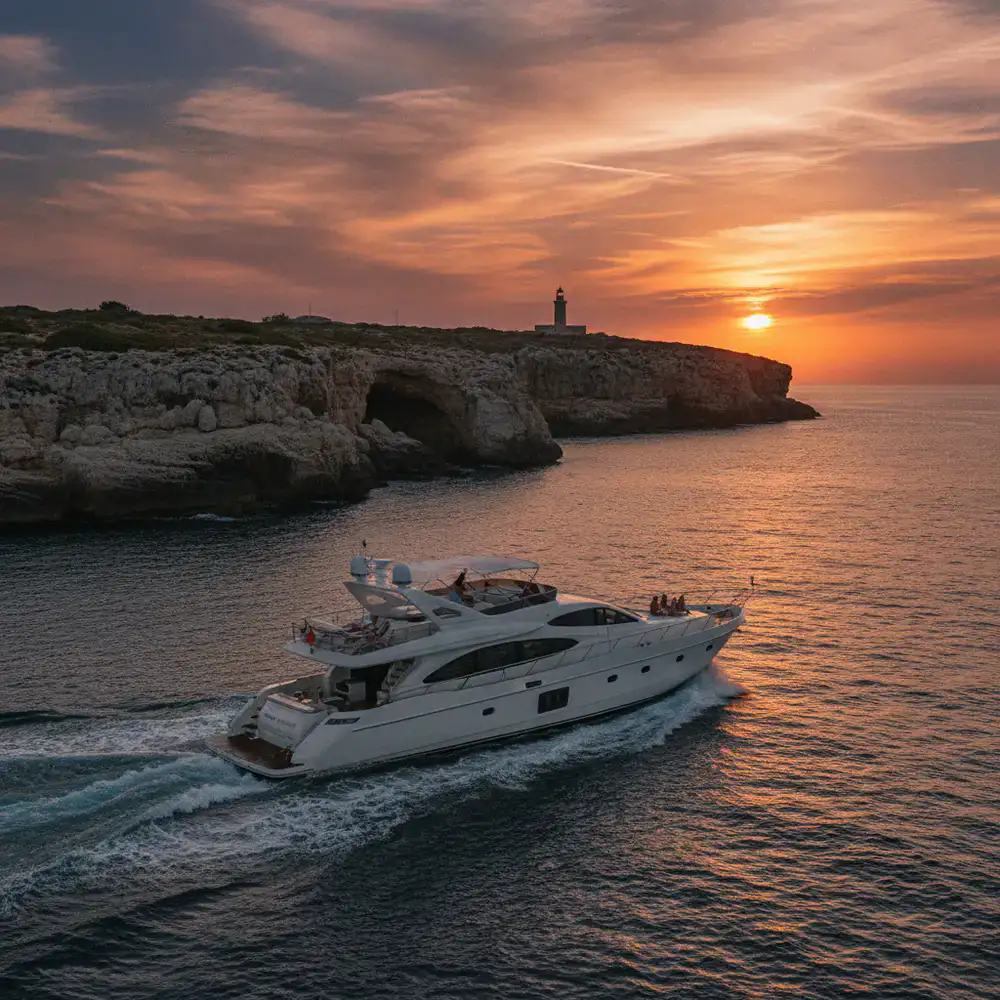 Yacht in navigazione lungo una costa frastagliata siciliana al tramonto