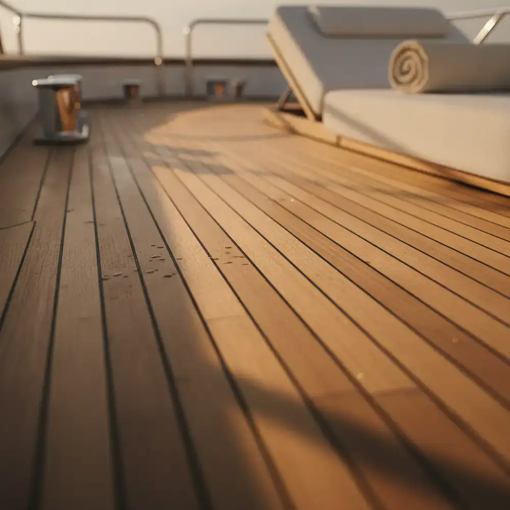 Dettaglio del ponte in teak di uno yacht di lusso